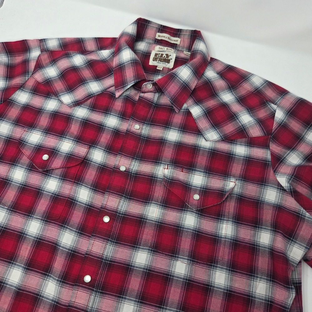 Ely Cattleman Shirt Mens XLT Tall Man Red Plaid Pearl Snap Western Button Down